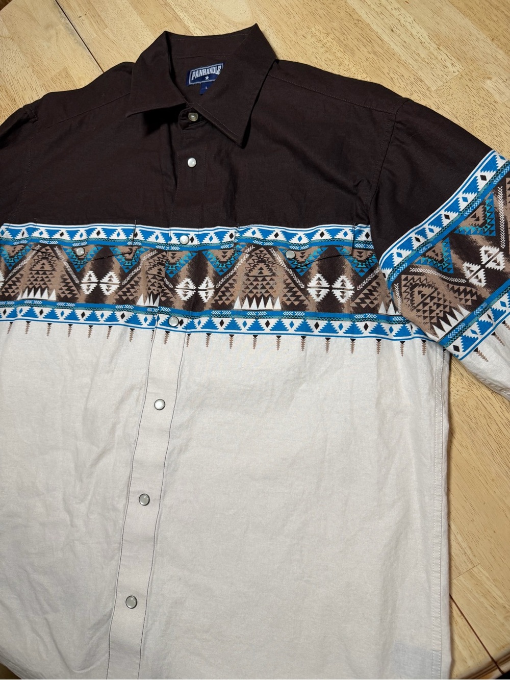 Panhandle Western Aztec Pearl Snap Brown Blue Southwestern Long Sleeve Mens L